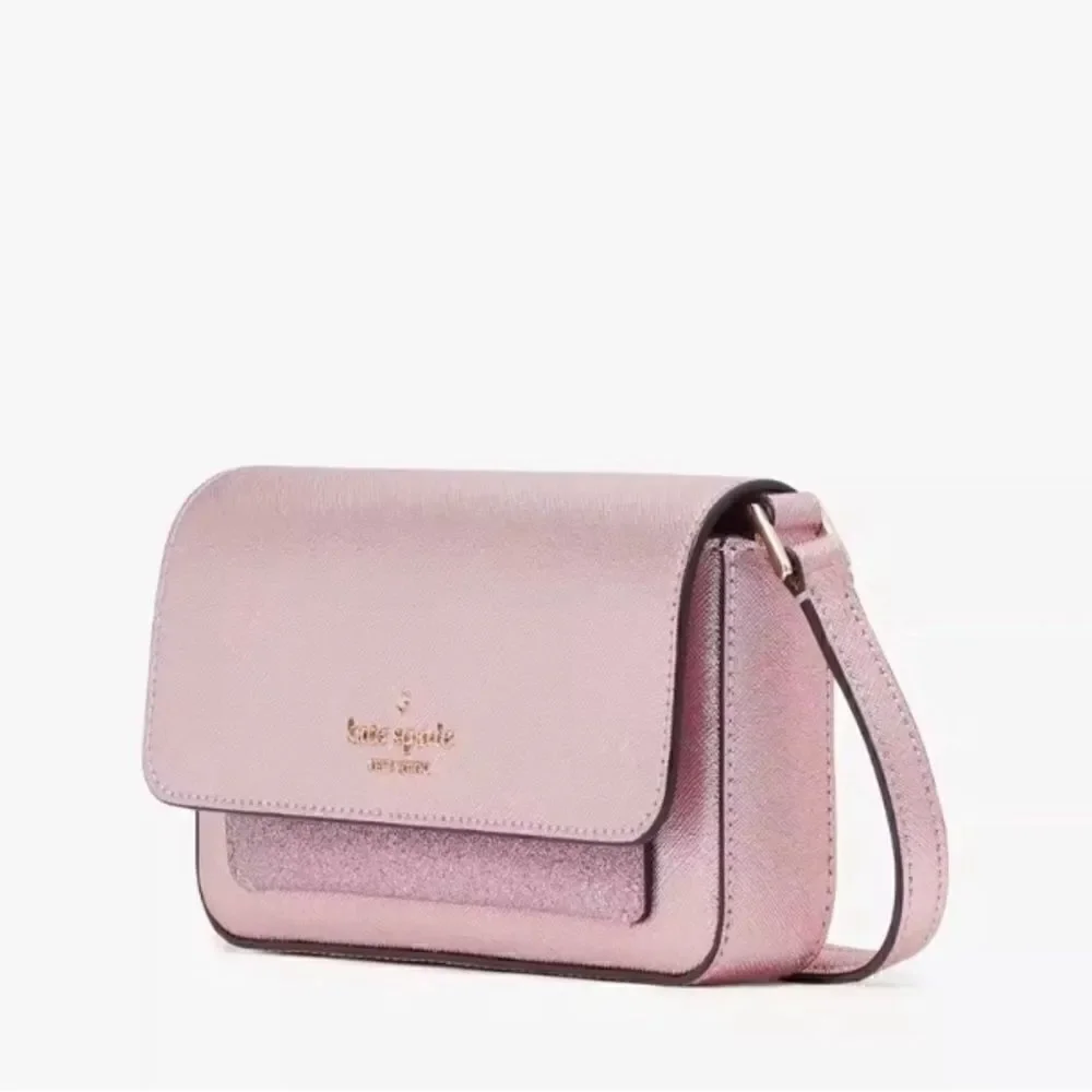 Kate Spade Glimmer Glitter Crossbody Duo Card Holder Bag Purse Mitten Pink
